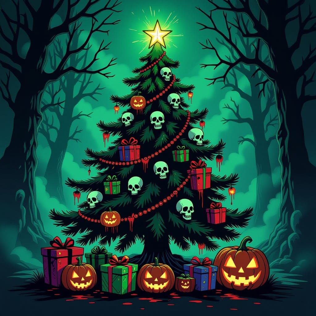Gothic Christmas Tree with Haunted Presents and Skull Detail...