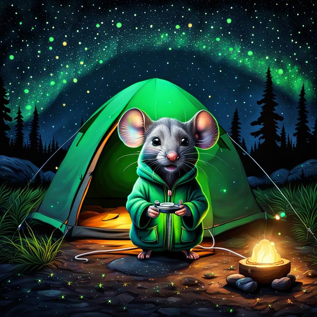 Hyperrealistic Chibi Mouse Camping Under Northern Lights