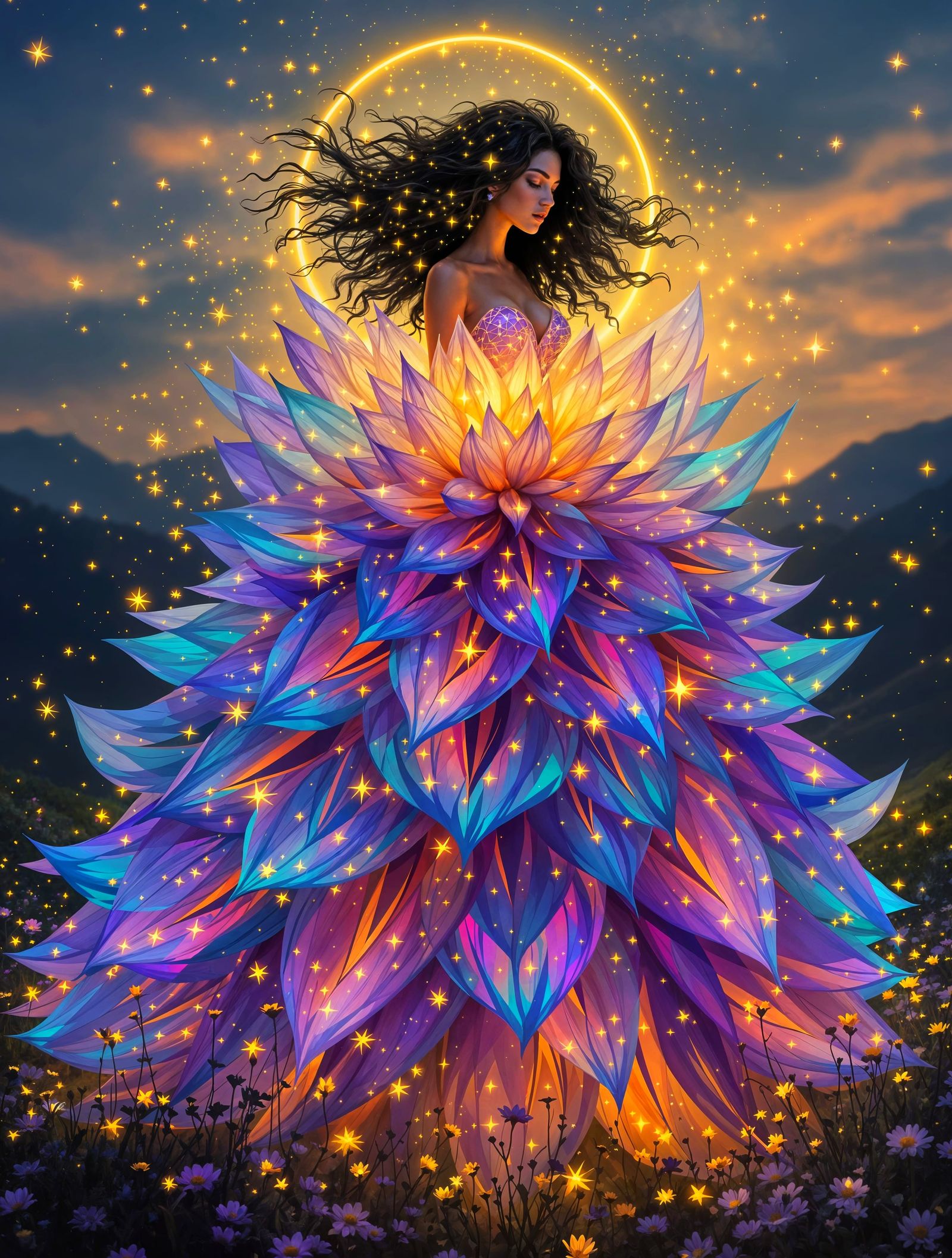 Celestial Goddess in Cosmic Flower Gown