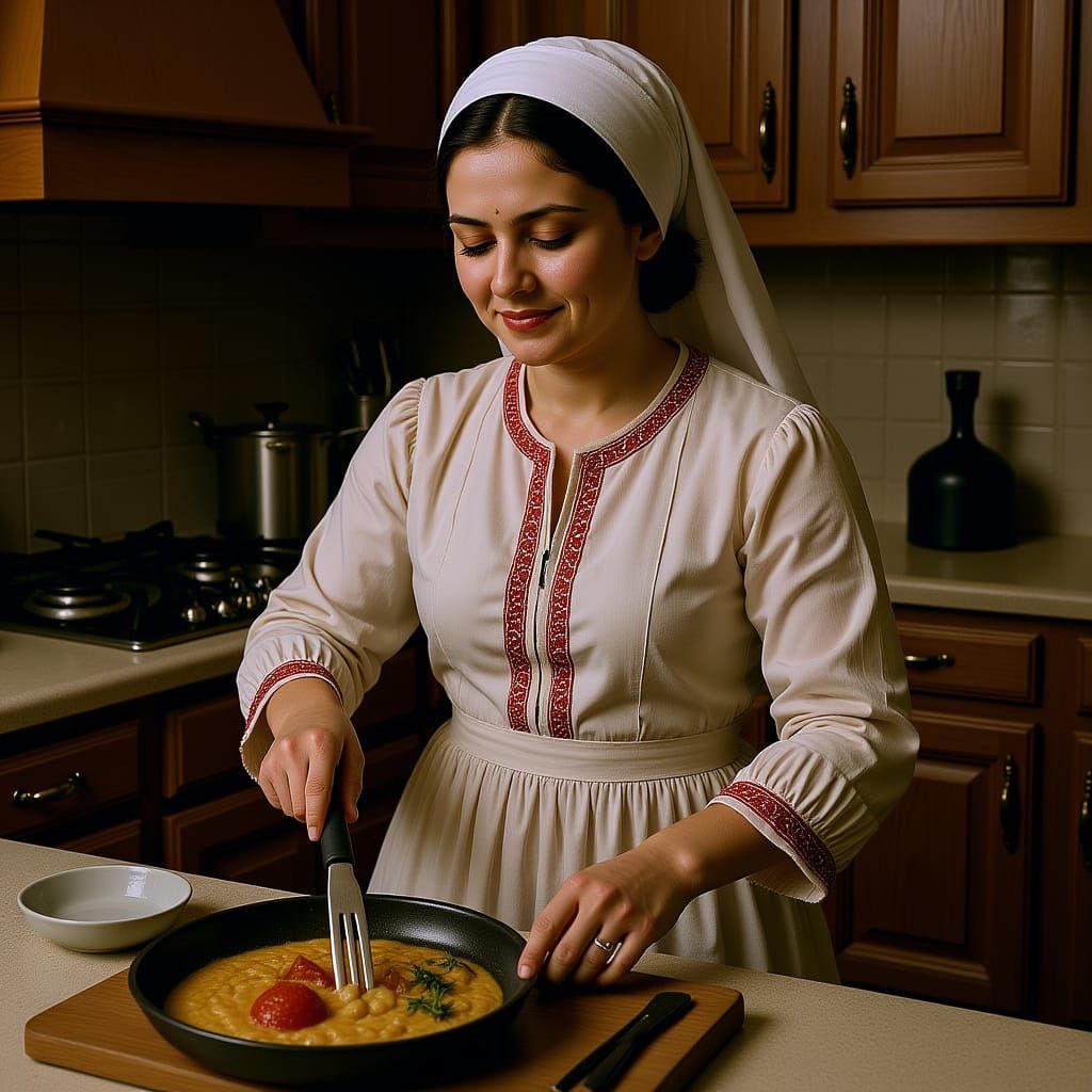 Albanian Woman in Traditional Dress Cooks in 1600s Kitchen