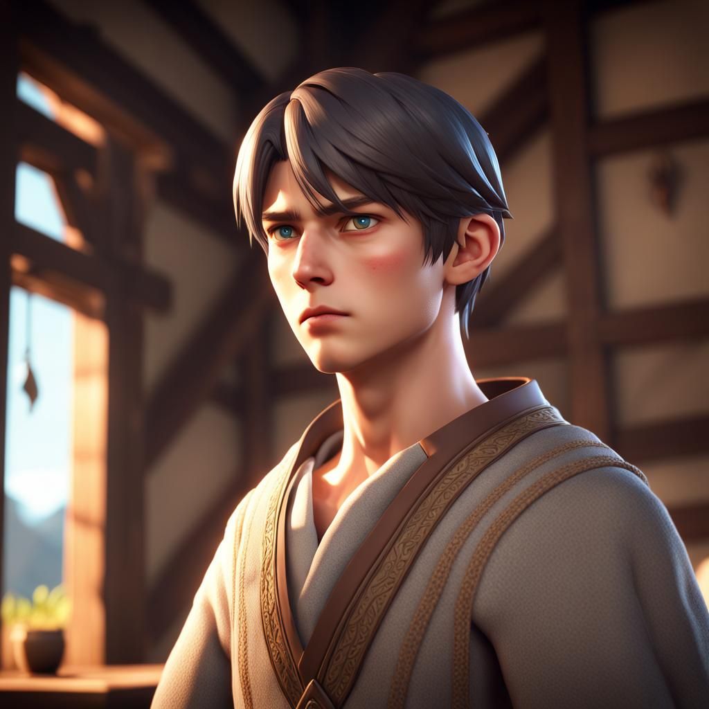 Sad Young Villager Man: Anime Style 3D Render