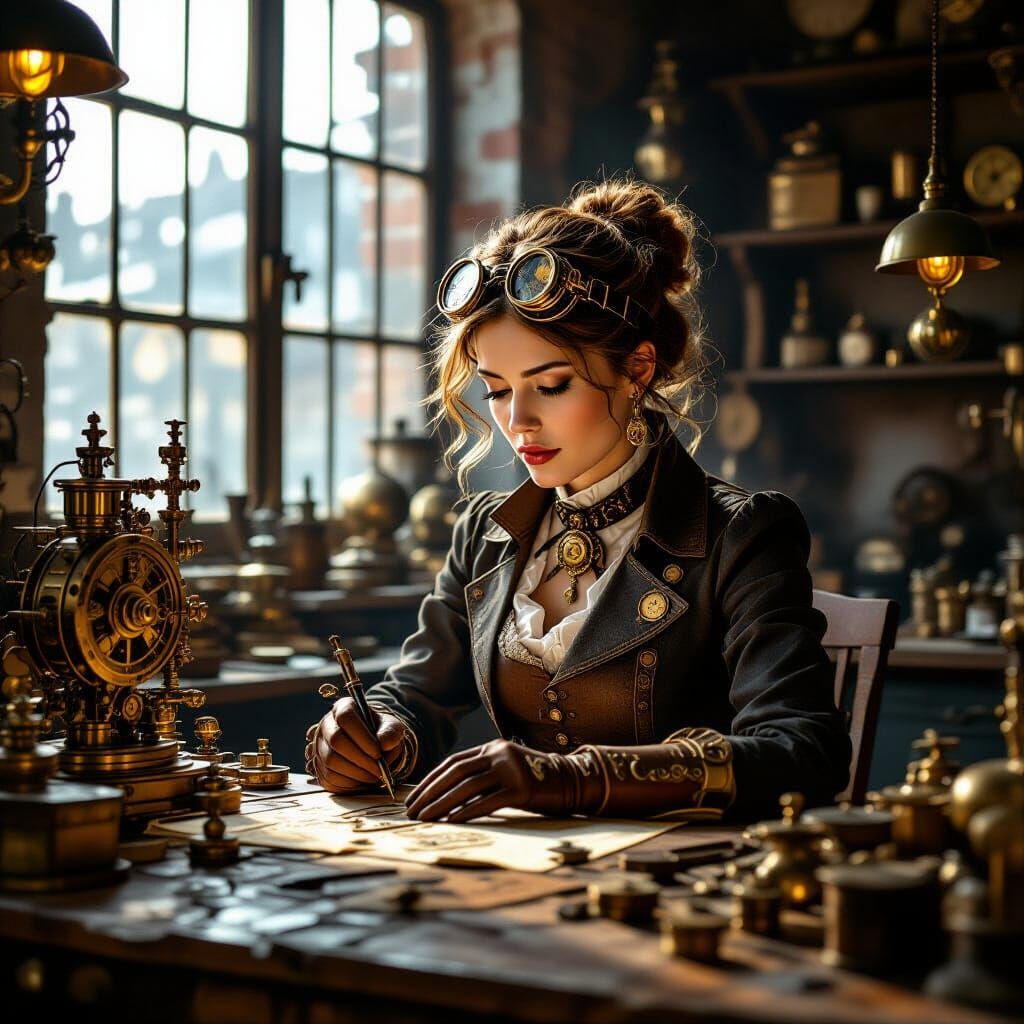 Steampunk Inventor Working on Clockwork Gadgets in Workshop