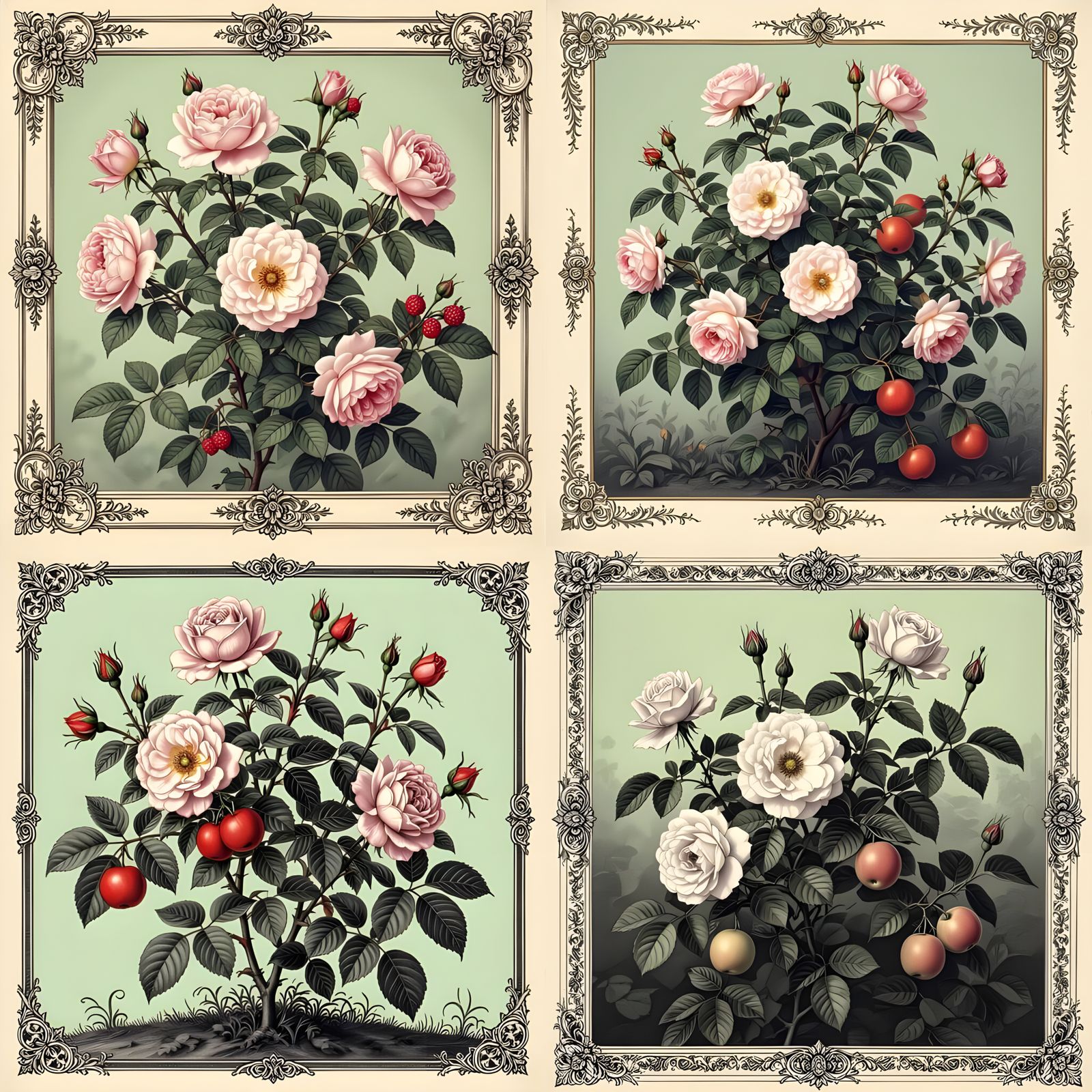 Pencil Drawing of Rose Bush with Medieval Ornament