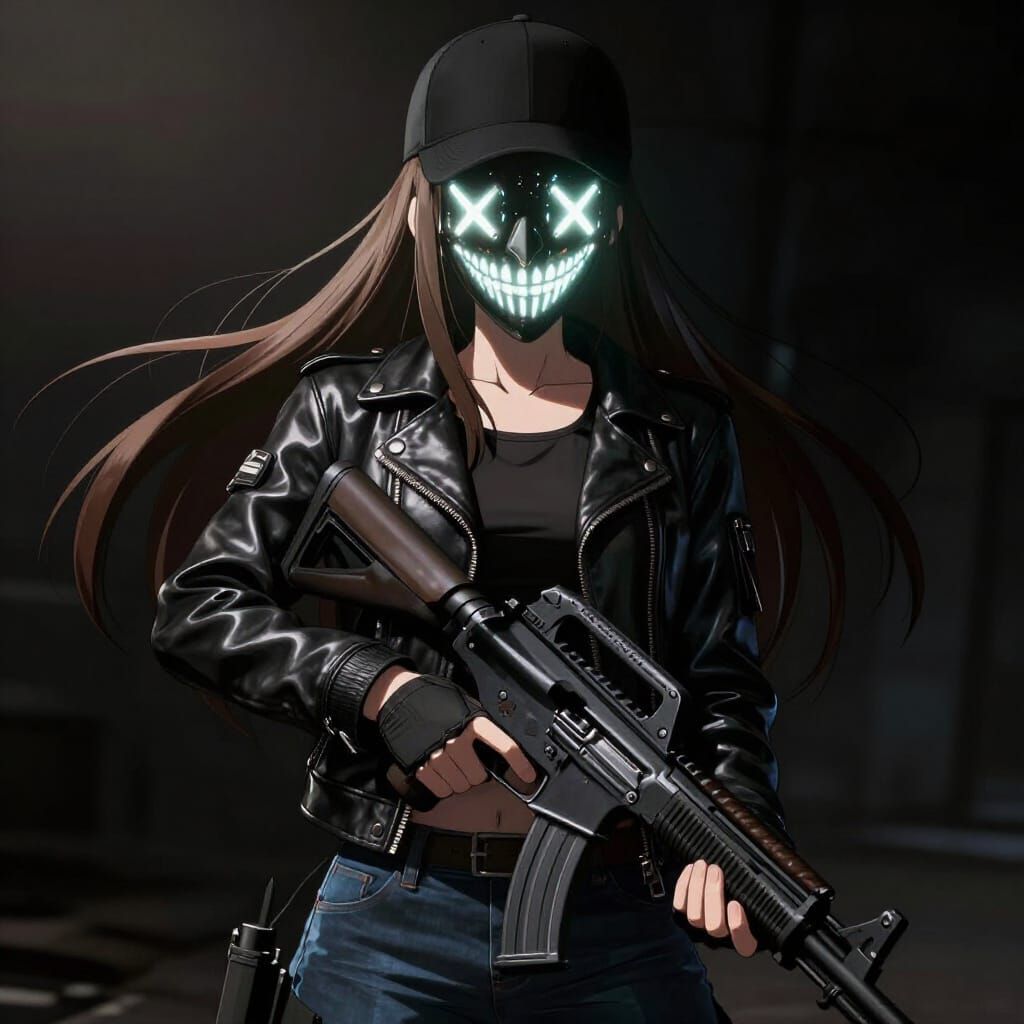 Anime Girl in Mask with AR Rifle in Shadows