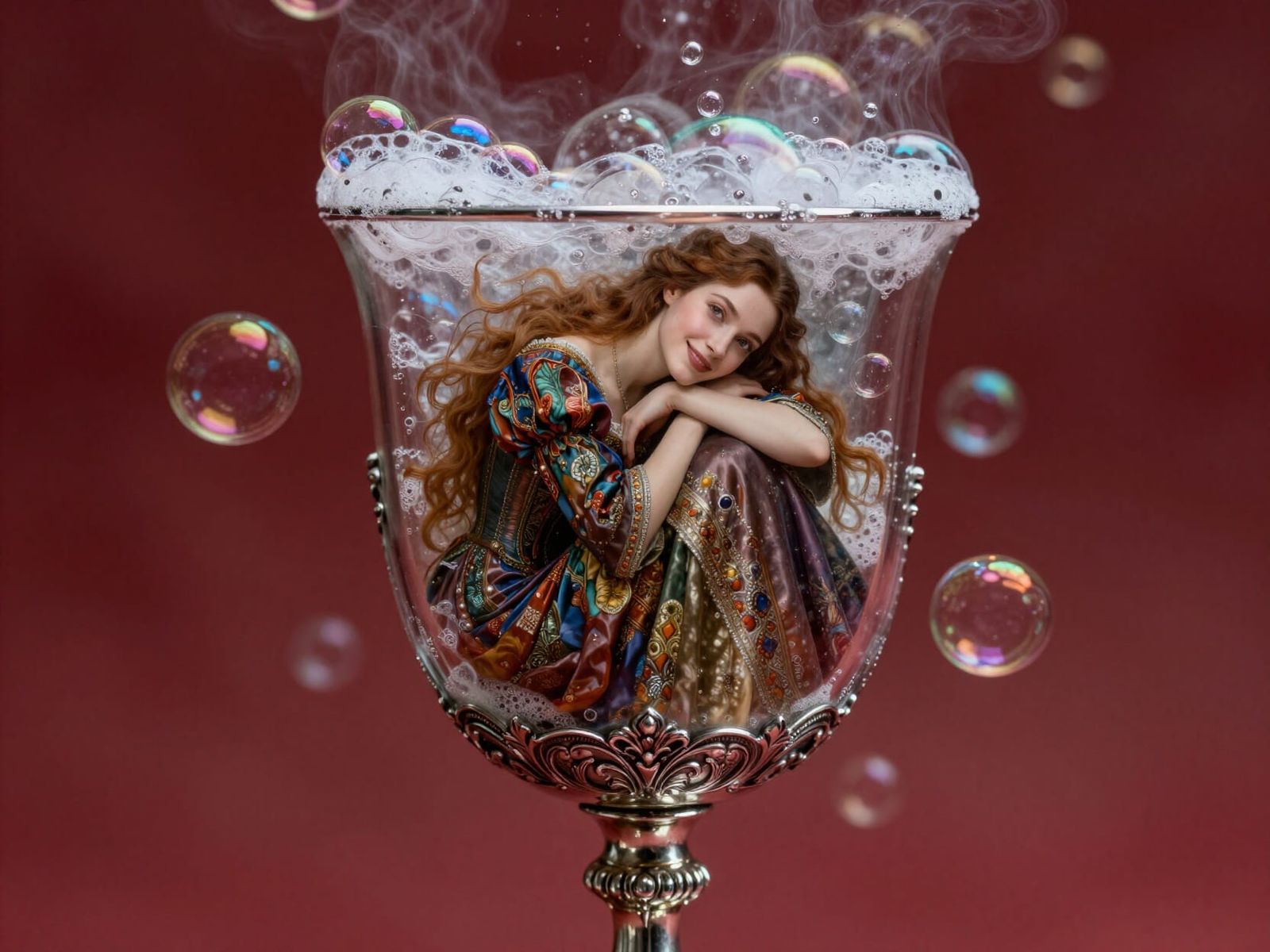 Medieval Woman in Bubble Goblet, Ethereal Fantasy Art