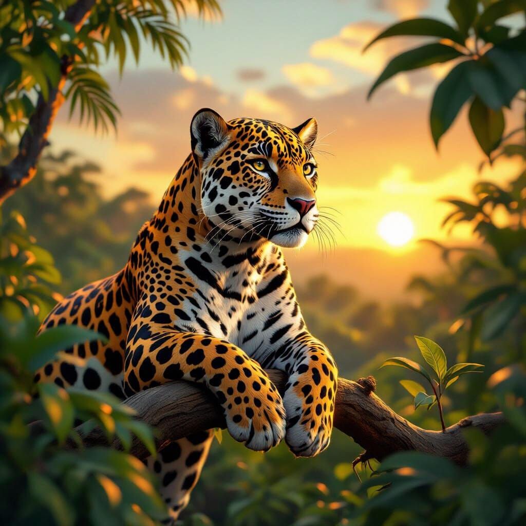 Golden Jaguar Overlooking Jungle in Renaissance Style