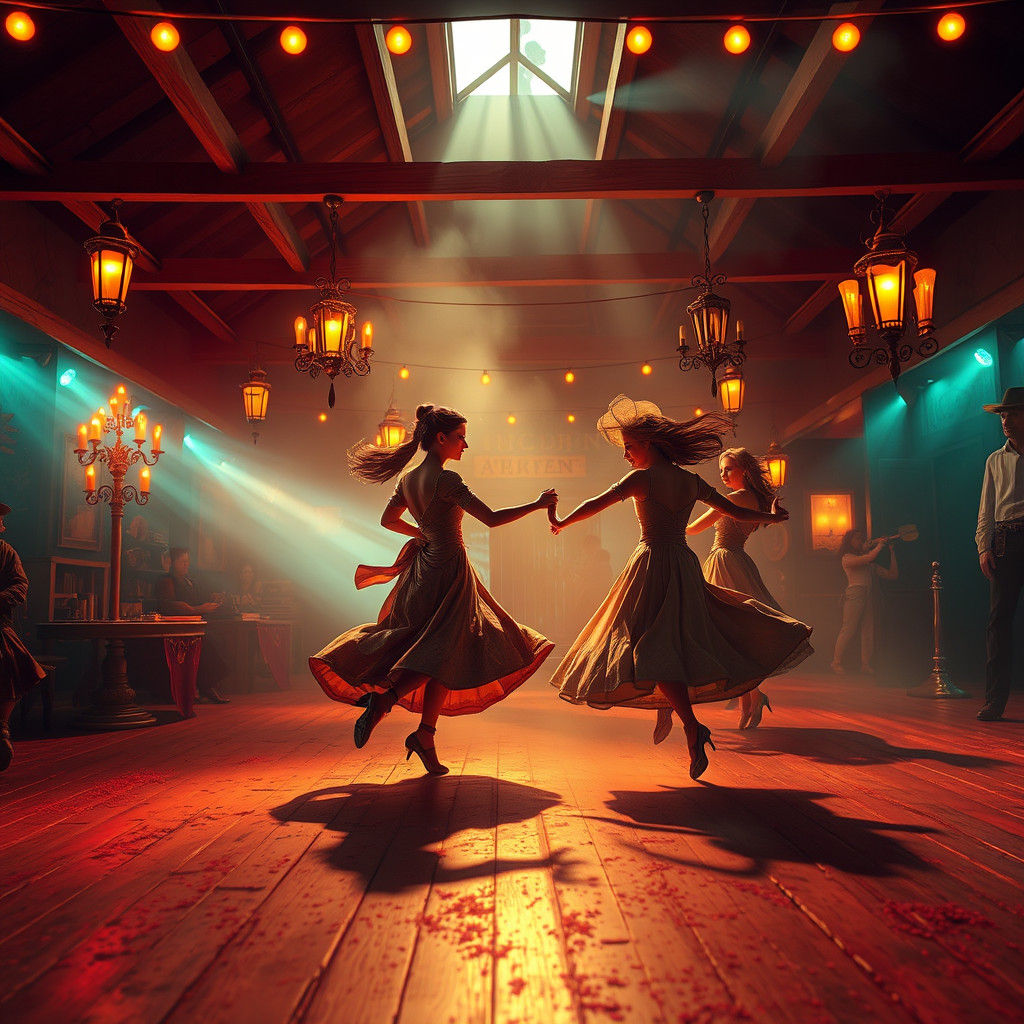Whimsical Old Western Dance in Dreamlike Setting