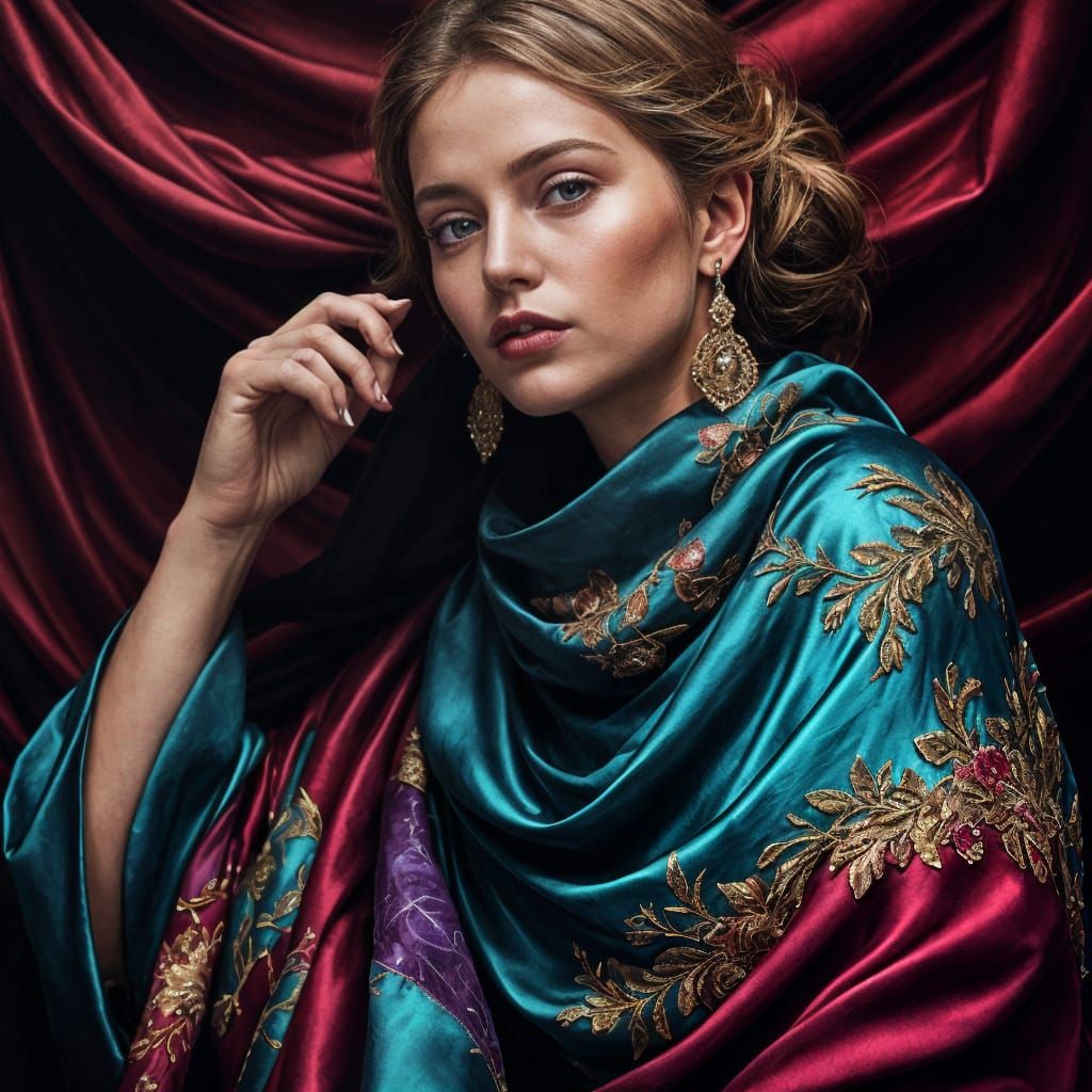 Hyper-Realistic Velvet Goddess in Jewel-Toned Fabrics