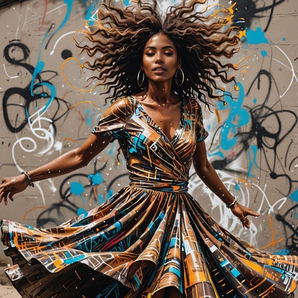 Woman Dancing on Neon Beach in Street Art Style