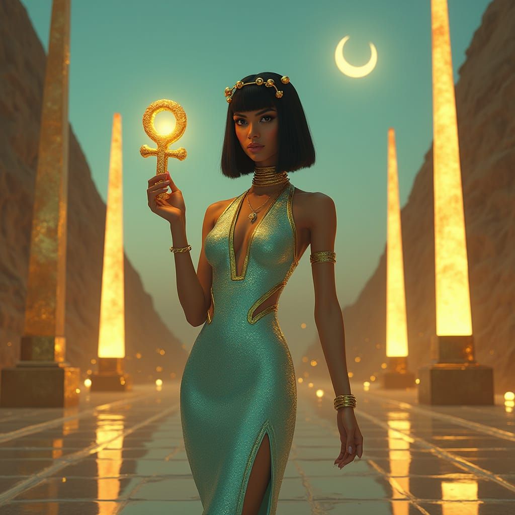 Golden Obelisks Rise in Futuristic Egyptian Landscape