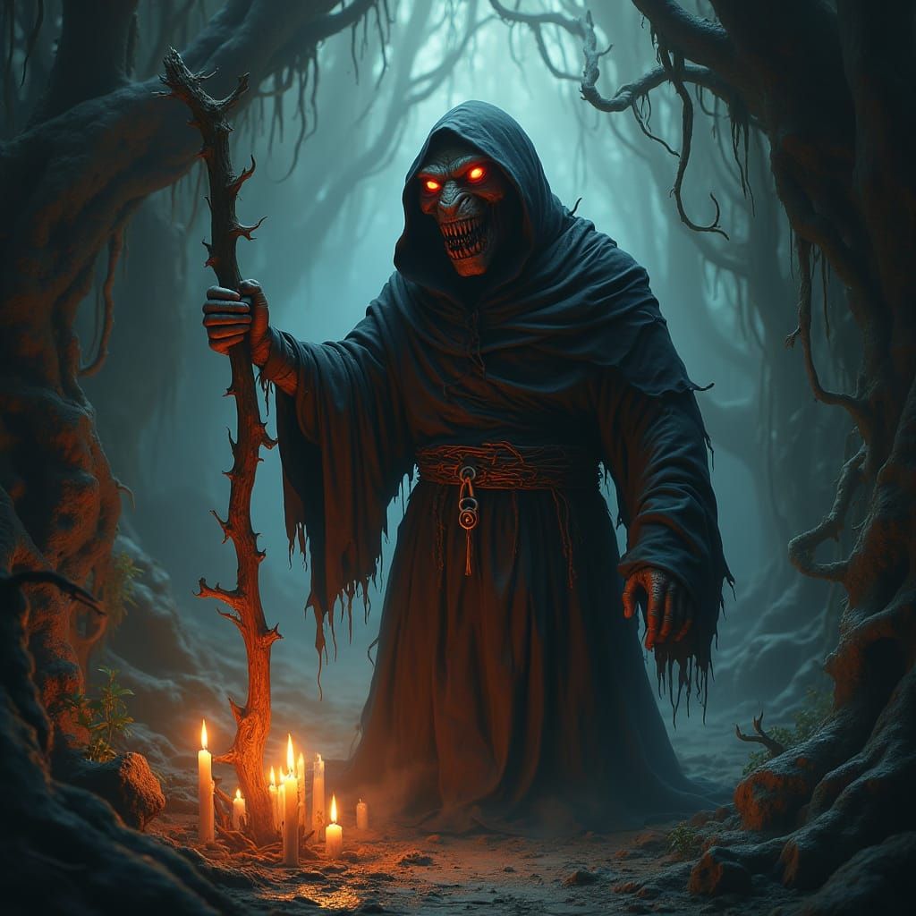 Goblin Warlock Casts Dark Spell in Haunted Cave