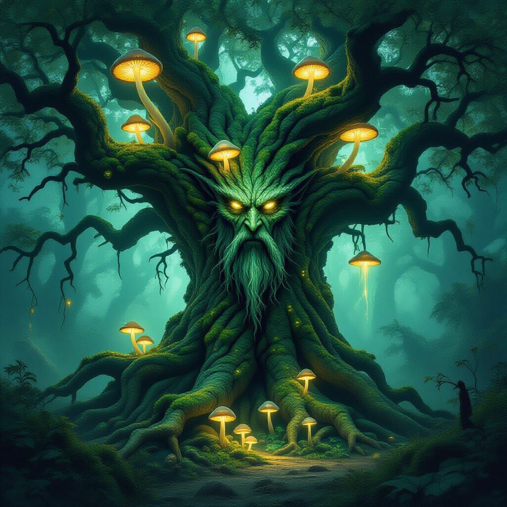 Ancient Tree Spirit Emerges from Gnarled Oak in Enchanted Fo...