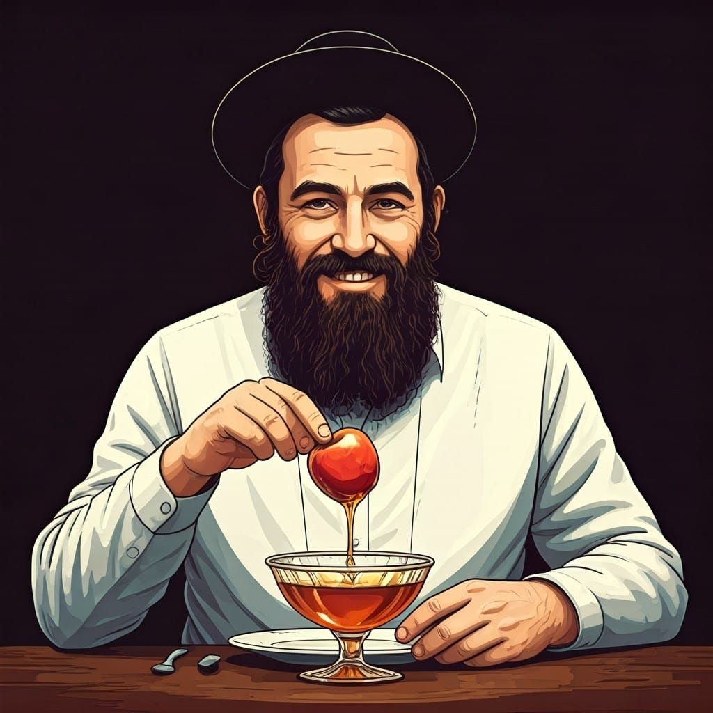 Orthodox Jew Dipping Apple in Honey, Anime Style