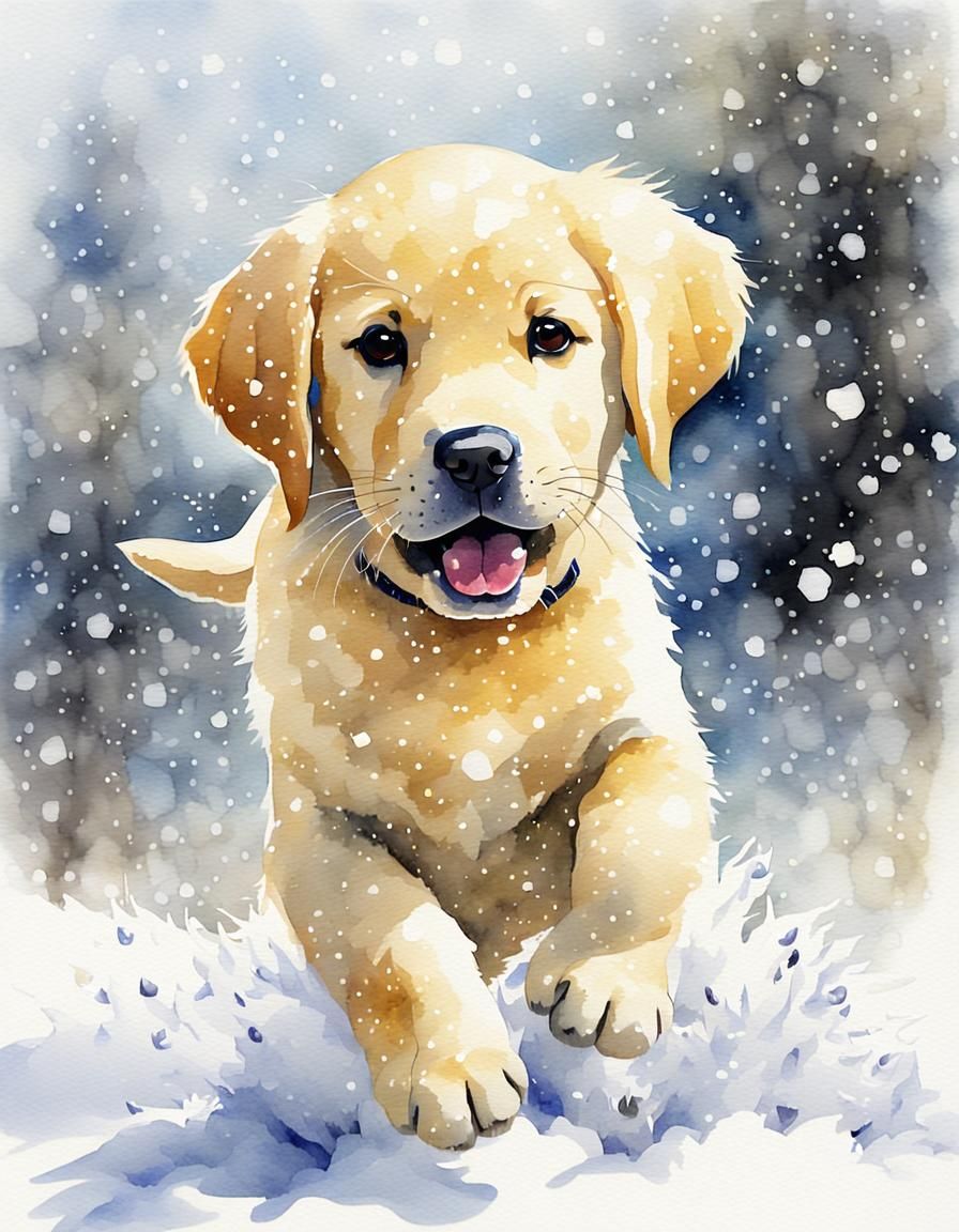 Yellow Lab Puppy Playing in Snow: Watercolor Art