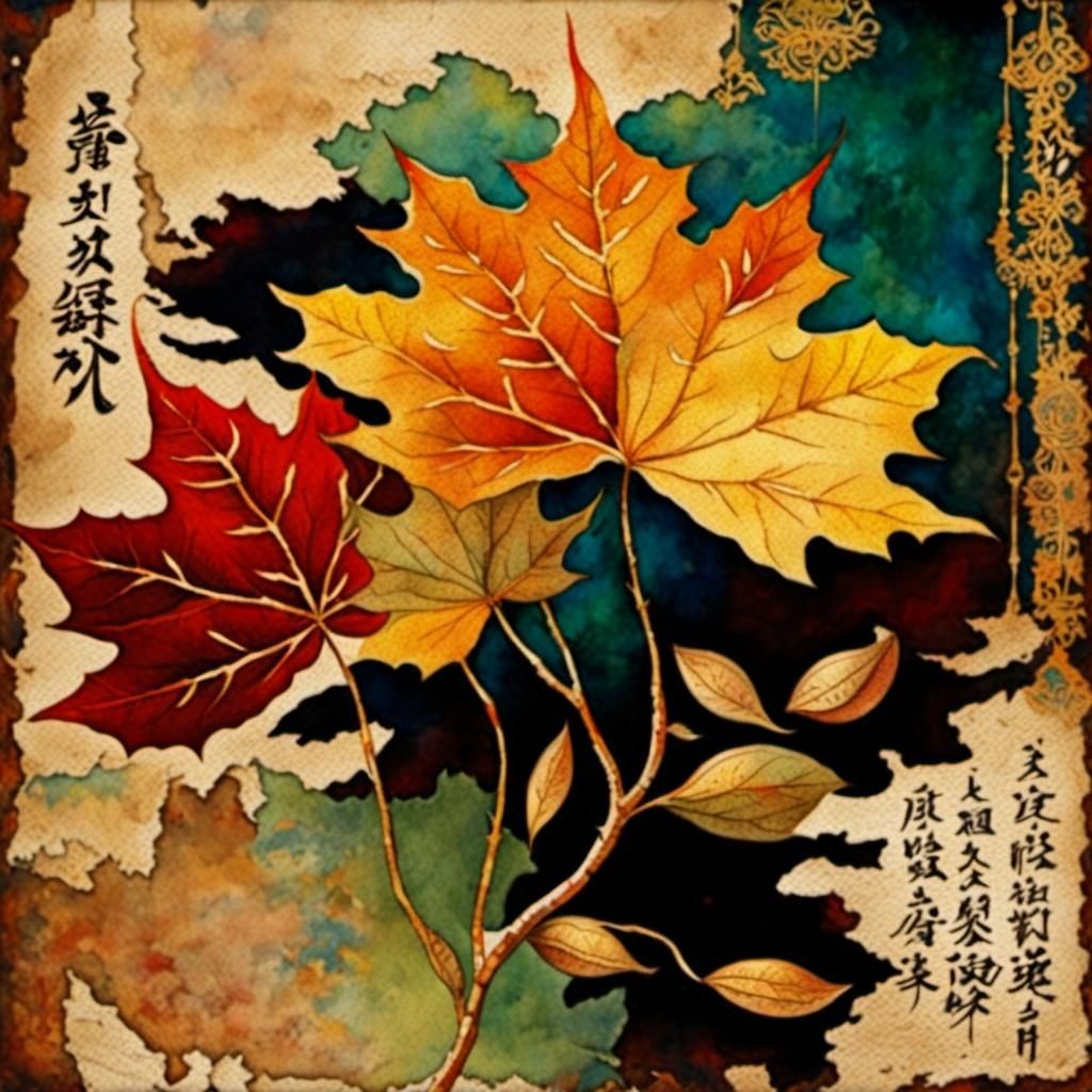 Whimsical Japanese Autumn Watercolor on Tattered Paper