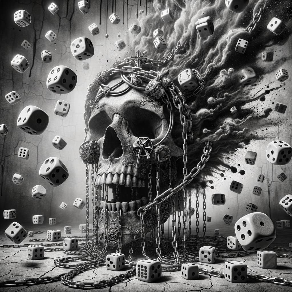 Gothic Skull in Chains with Floating Dice, Ink Explosion