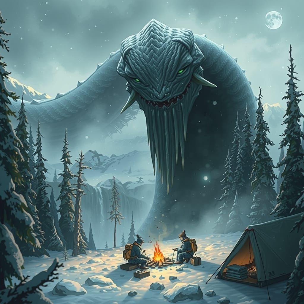 Majestic Winter Monster Surveys Campers in Snowy Wilderness