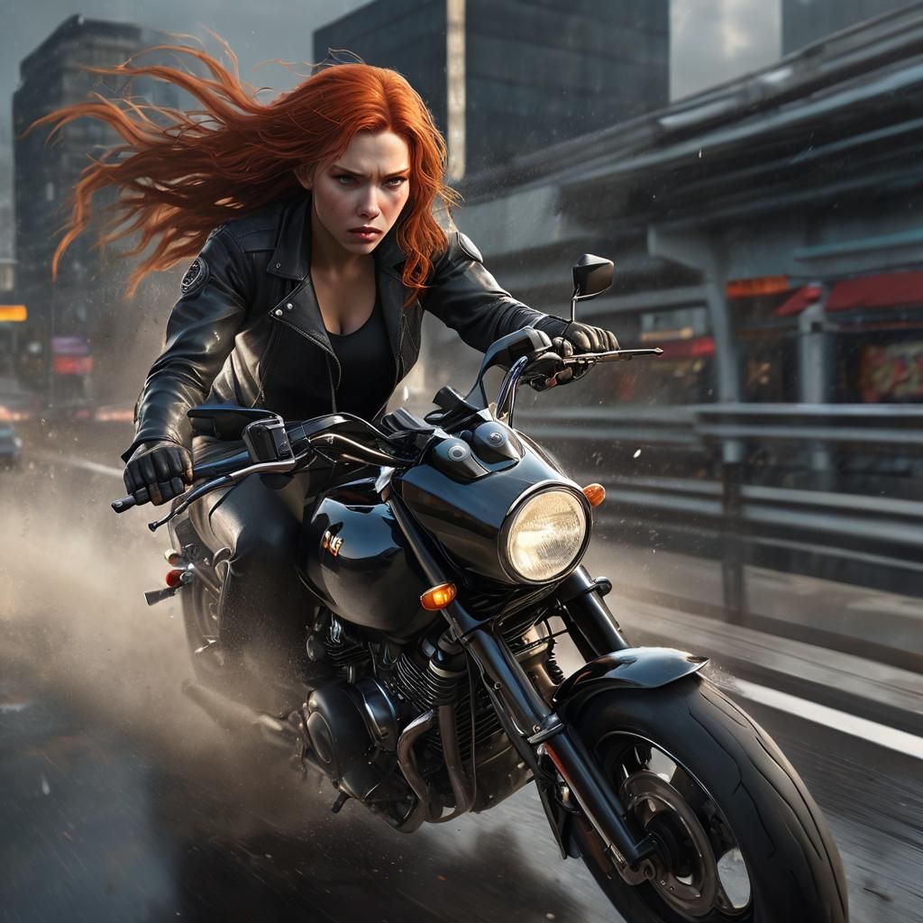 Black Widow Rides a Motorcycle in the Rain