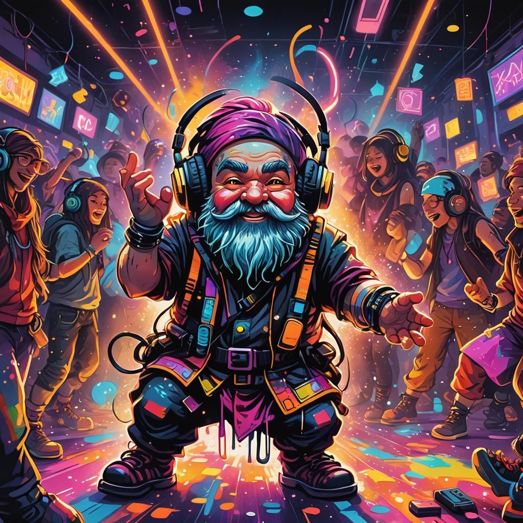 Neon Rave Dwarf Dances in Kawaii Street Art Style