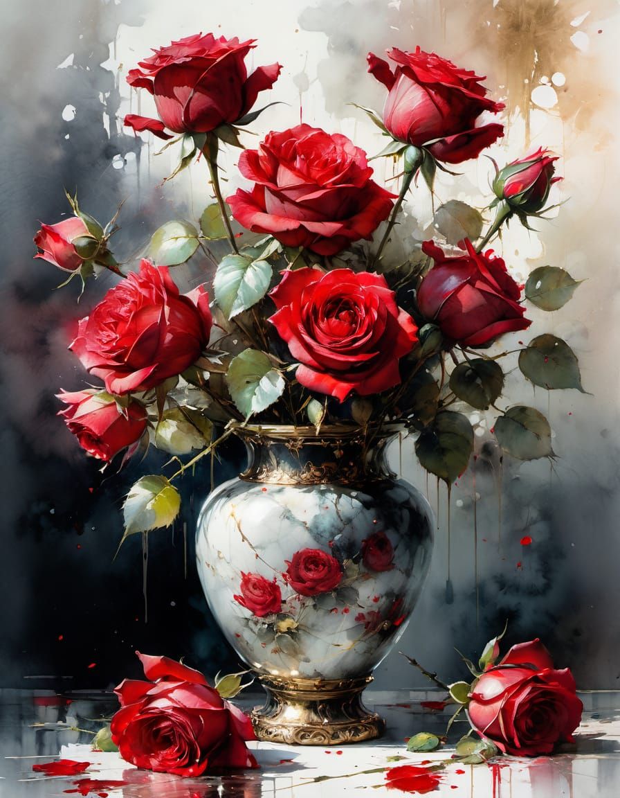Rustic Watercolor Vase of Red Roses in Dramatic Light