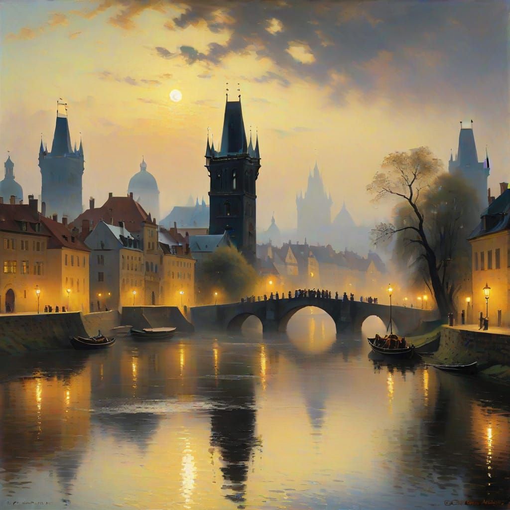 Mysterious silhouette of the Charles Bridge, shrouded in thick fog