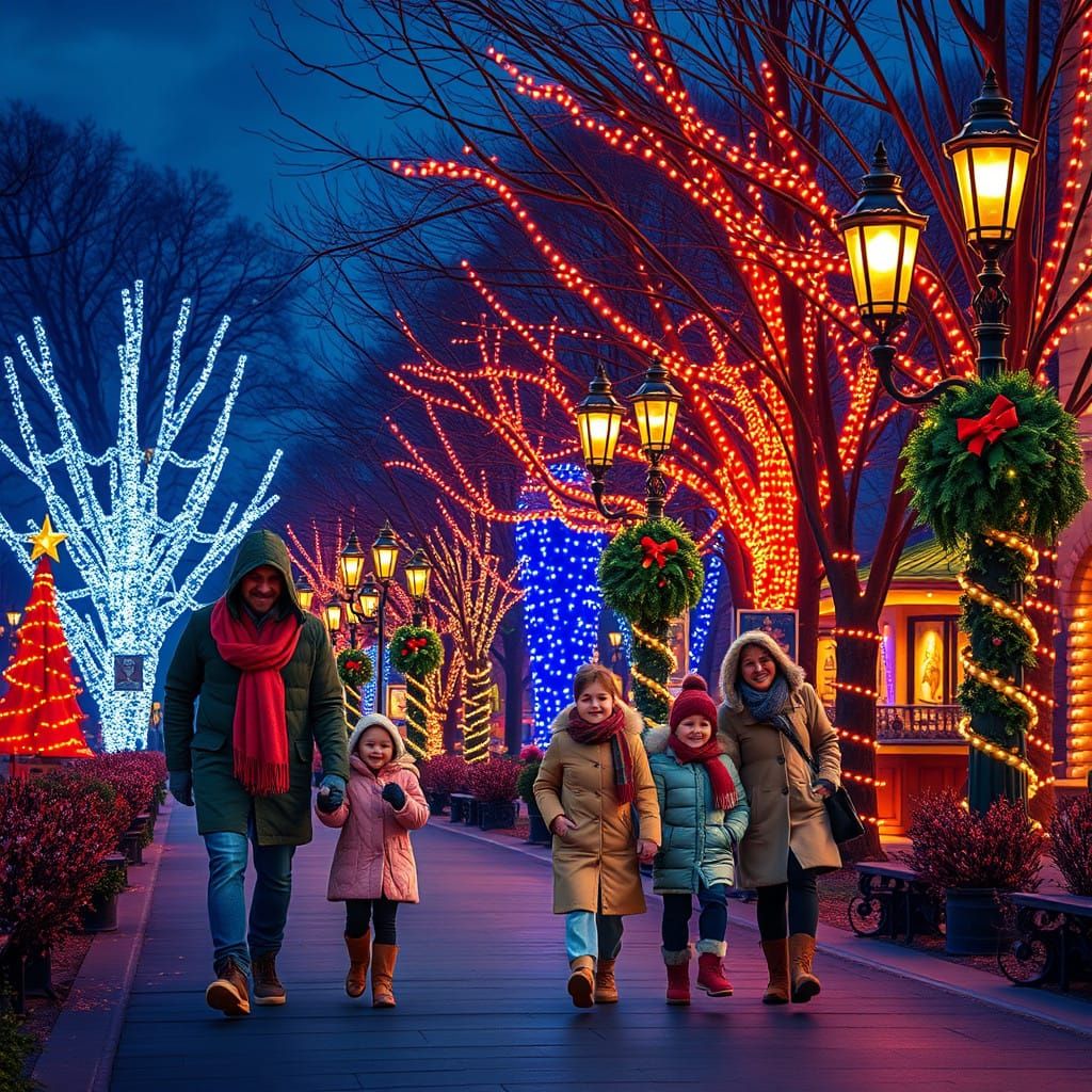 Families Strolling through Winter Wonderland in Vibrant City...