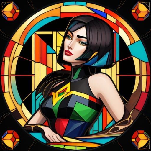 Vibrant Cubist Portrait in Cloisonne Style