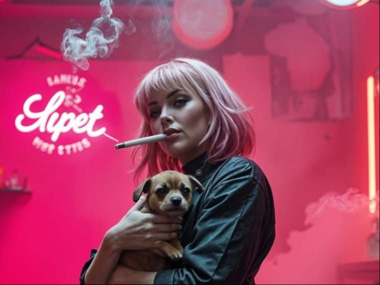Crying Woman with Dog in Barber Shop