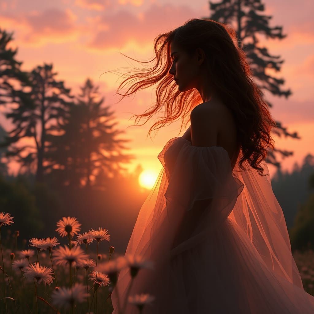 Ethereal Woman Silhouette in Sunset Forest: Fantasy Art