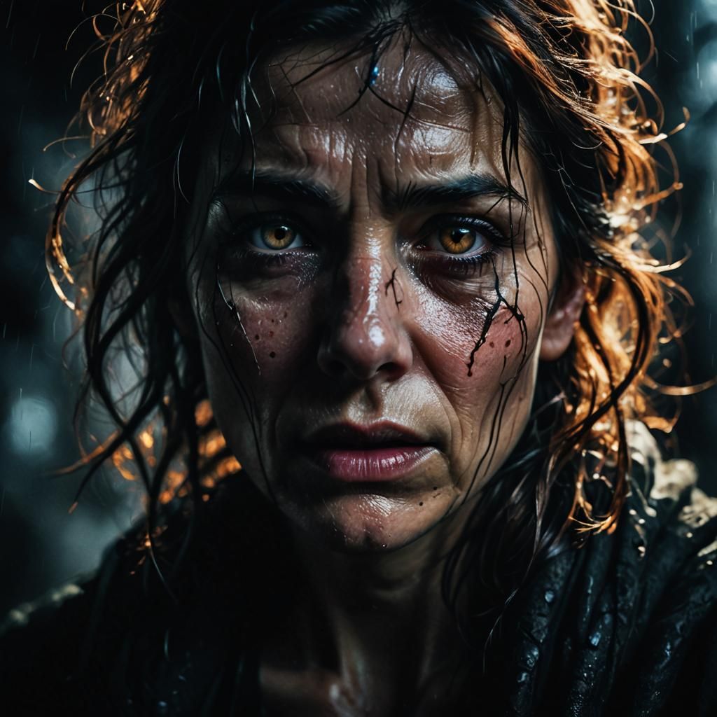 Anguished Woman: Cinematic Portrait in Vibrant Colors