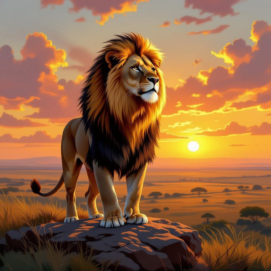 Majestic Lioness with Tribal Markings at Sunset Oil Painting