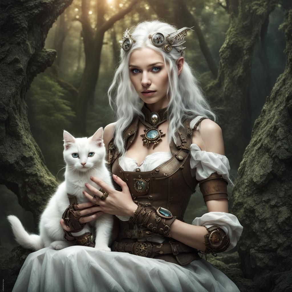 Forest Elven Princess with Kitten, Steampunk Elements