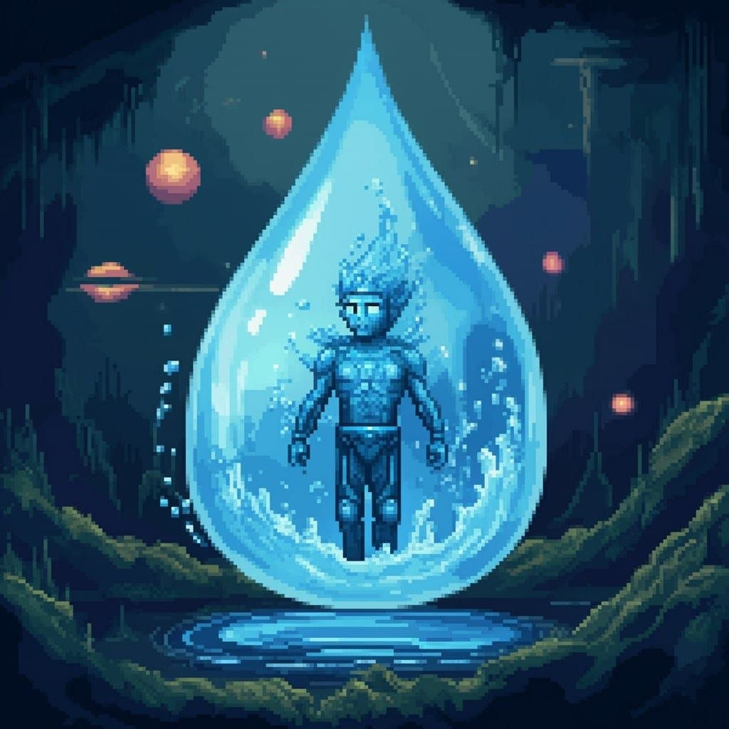 Blue Water Hero in Pixel Art Magic Universe