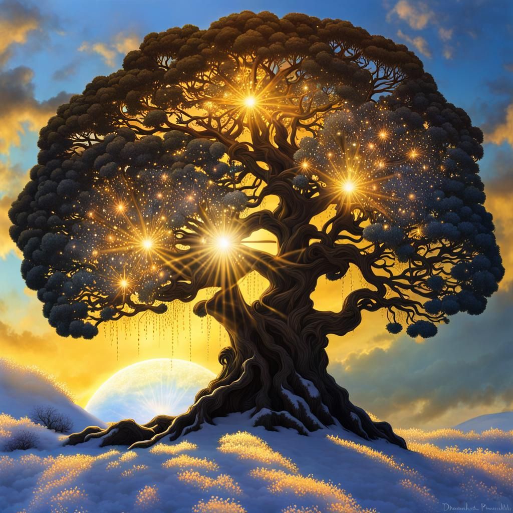 Golden Sunrise Silhouetted Tree with Crystal Prisms