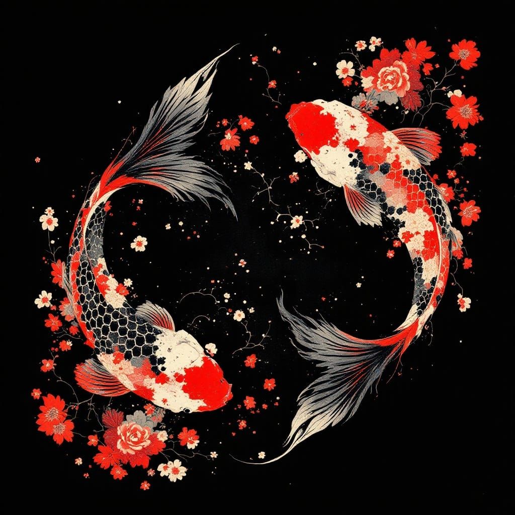 Japanese Koi Emblem in Hiroshige and Hokusai Style
