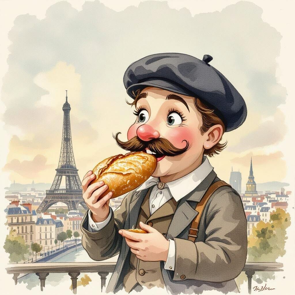 Eiffel Tower Eats Baguette, Illustrative Style