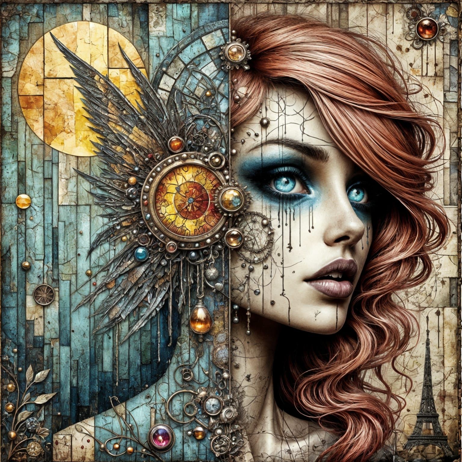 Surreal Fairytale Landscape in Textured Patchwork Mosaic