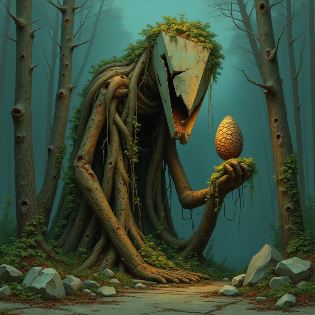 Surreal Quadrupedal Figure in Brutalist Wilderness