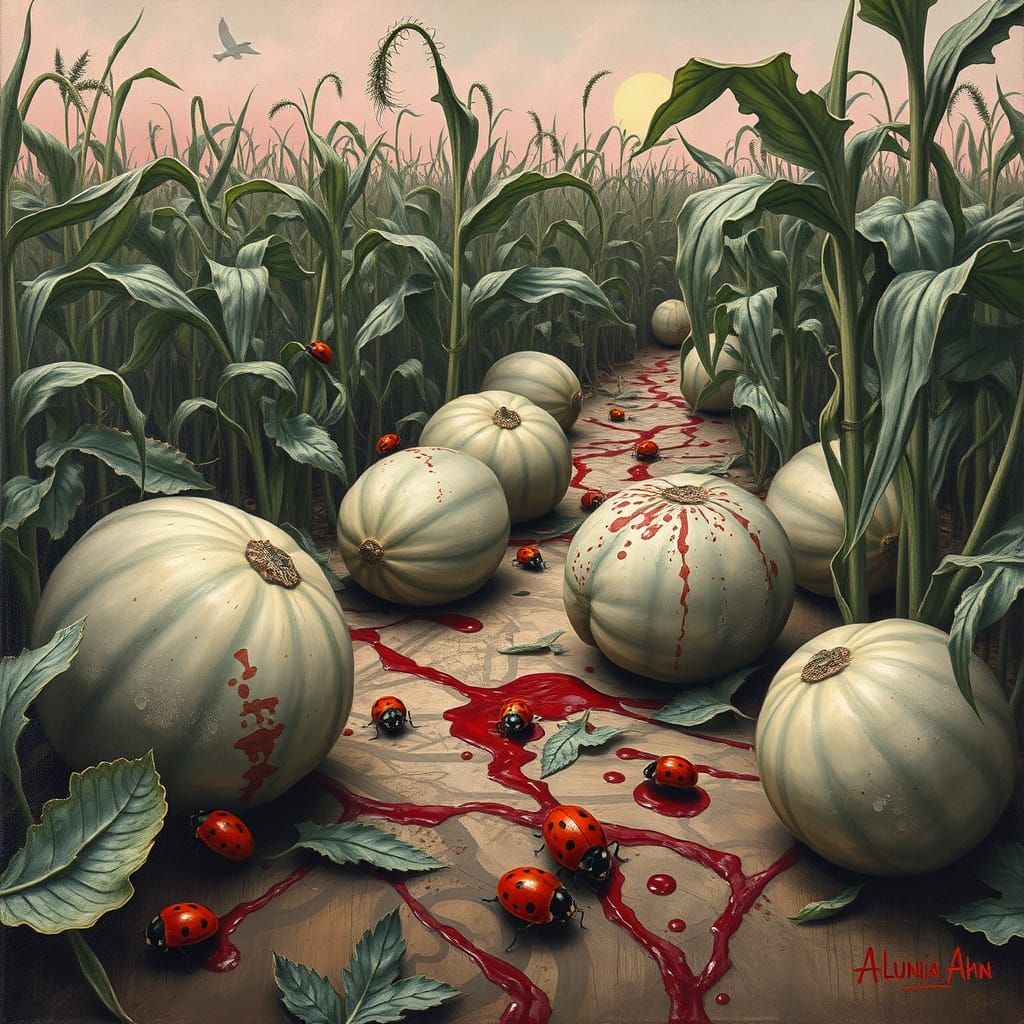 Surrealist Watermelon Crime Scene in Corn Field