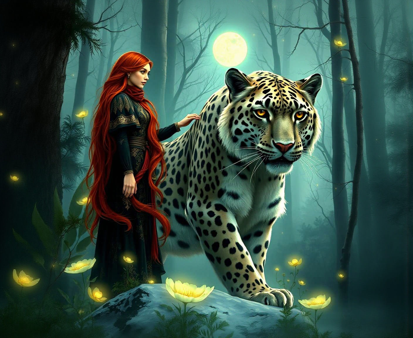 Woman with Snow Leopard in Bioluminescent Forest