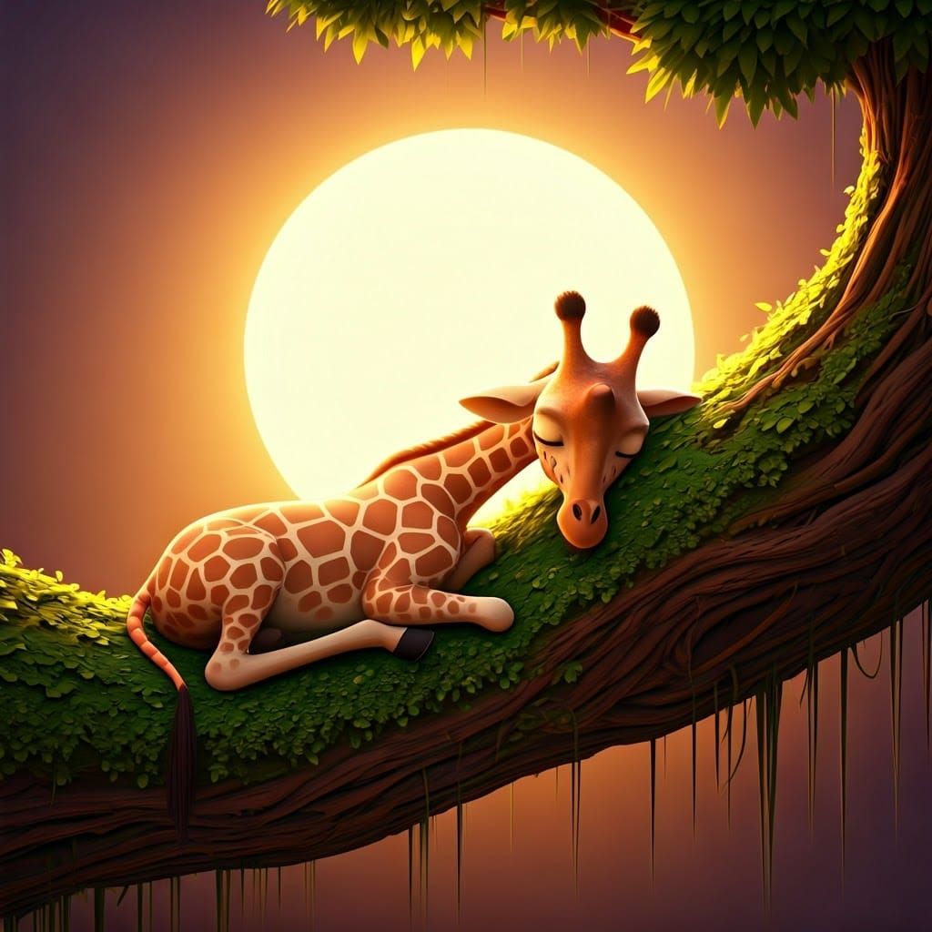 Giraffe in Tree Dreamscape in Vibrant Digital Art