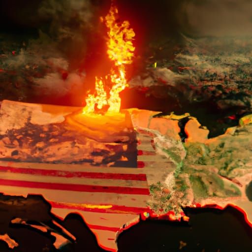 USA Map Burning in Destroyed City