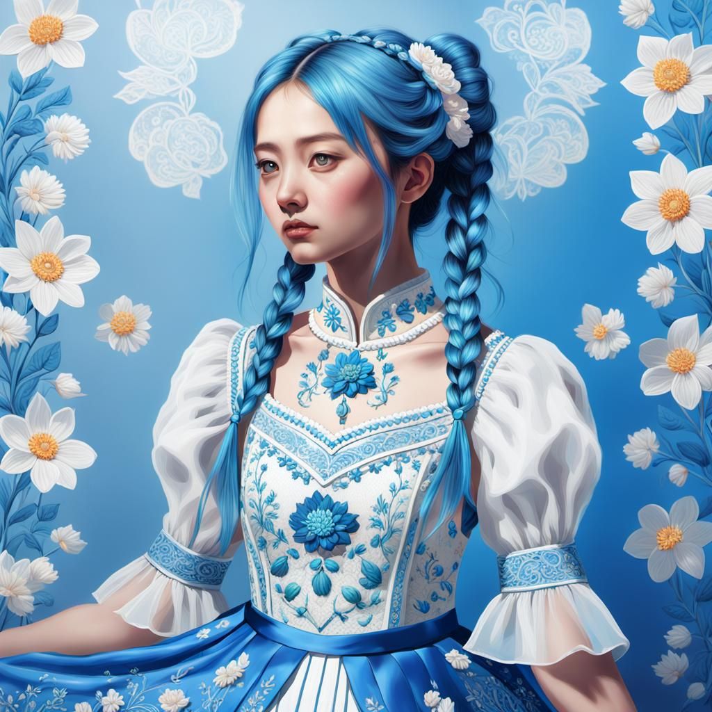 Blue-Haired Woman in Floral Folk Dress