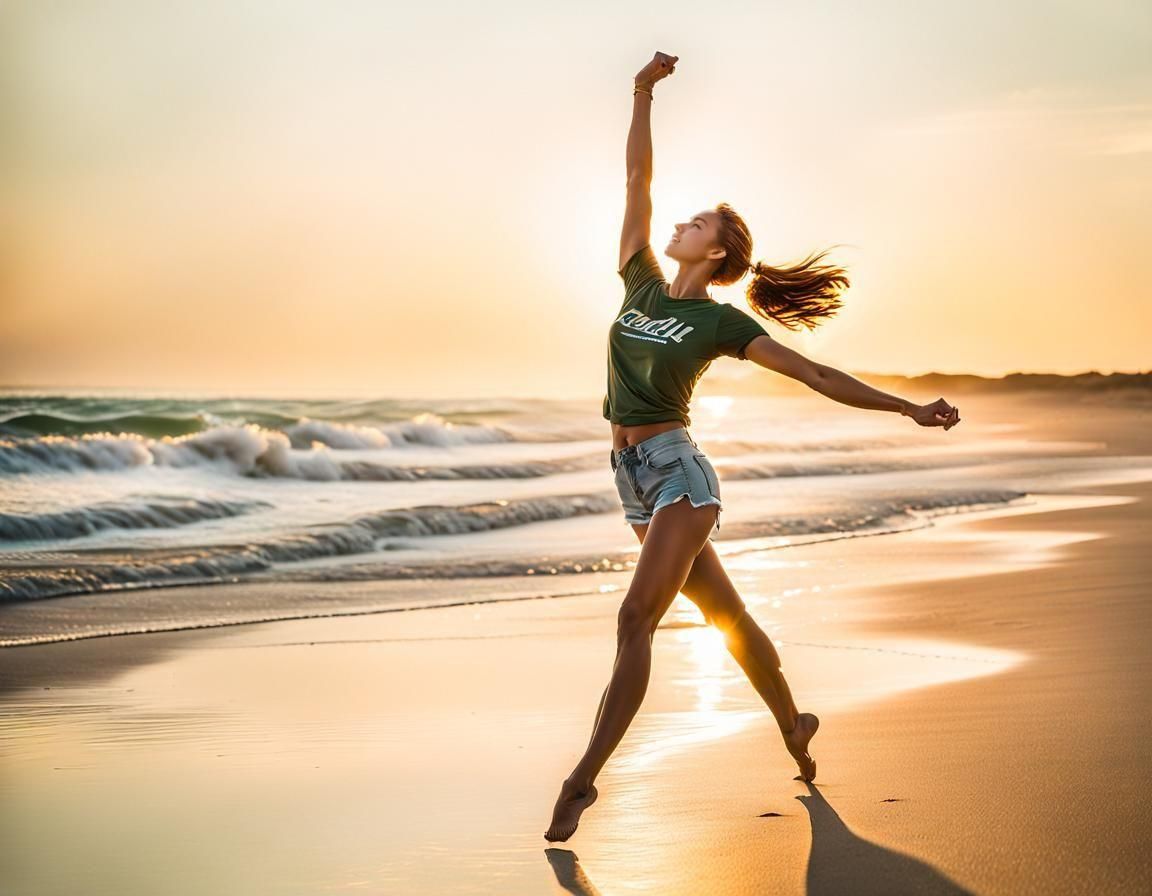Elegant Danish Girl Pirouette on Sandy Beach