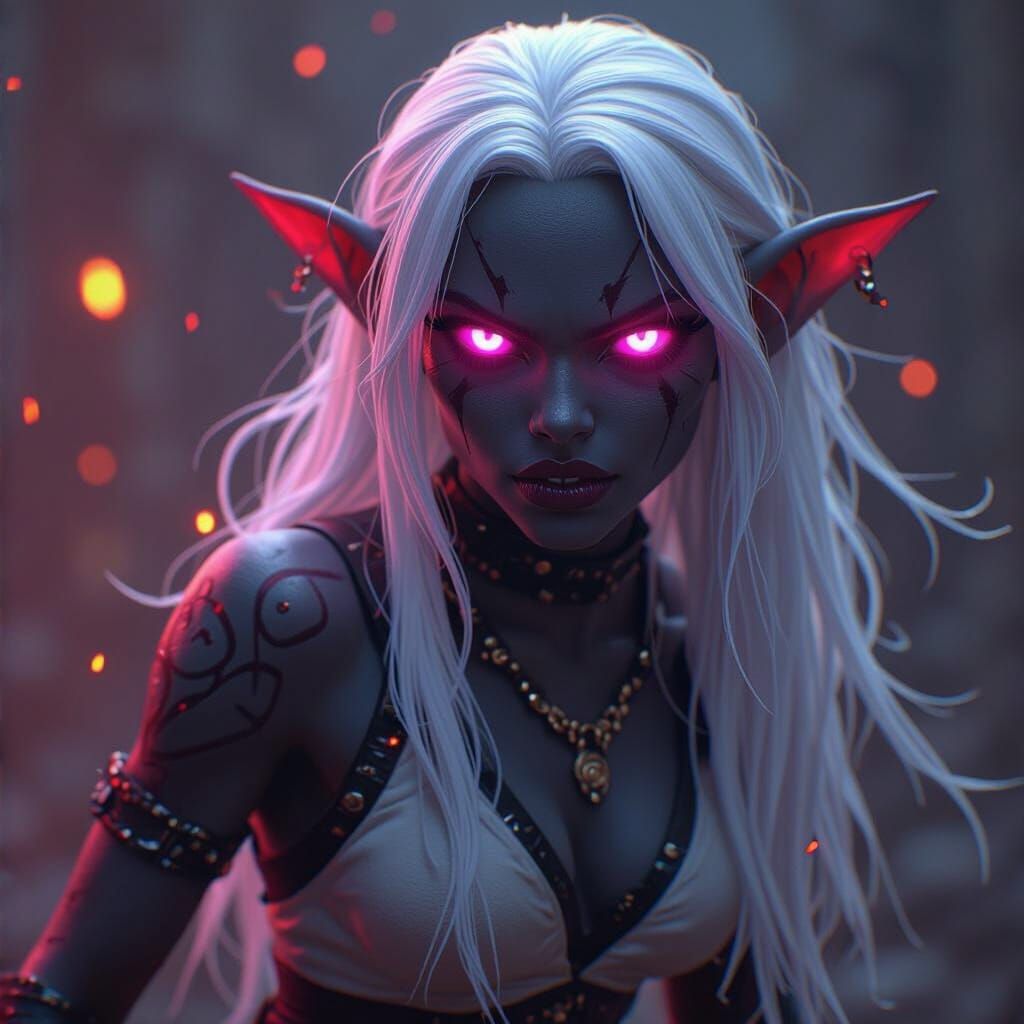 Furious Drow Elf with Pink Eyes: Cinematic Dark Fantasy