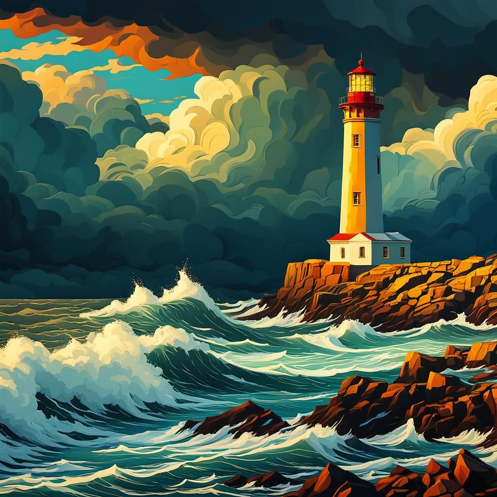 Dynamic Lighthouse in Expressionist Digital Art