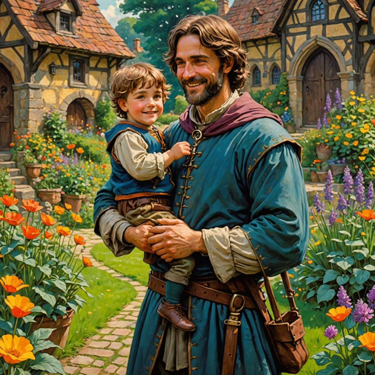Medieval Father and Son in Fairytale Garden