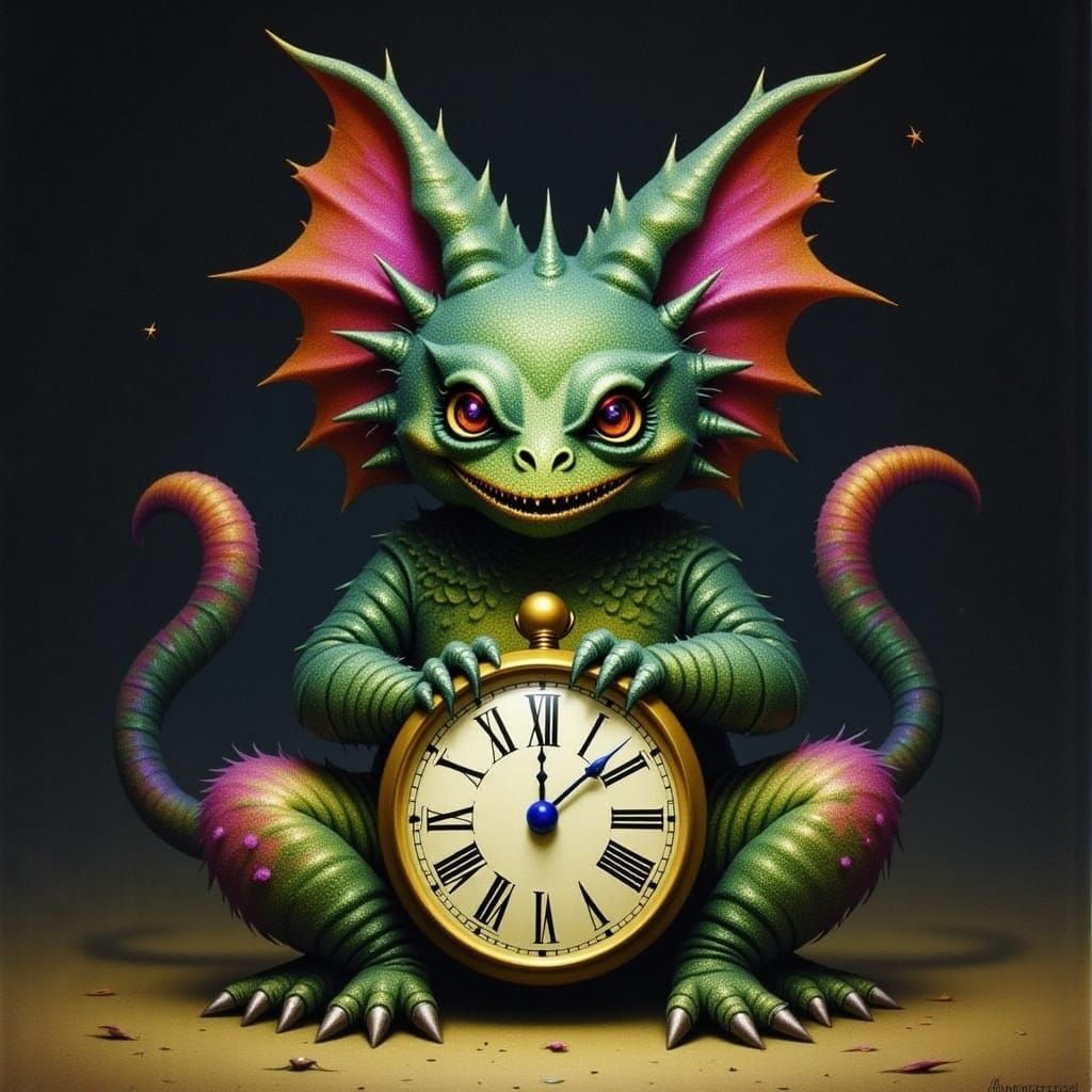 Cute Creature Holding Clock in Glitter Gore Style