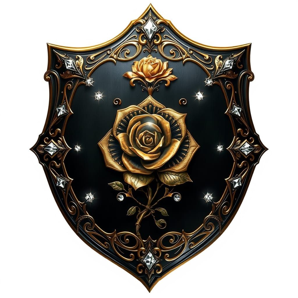 Ethereal Black and Gold Fantasy Shield with Whimsical Rose a...