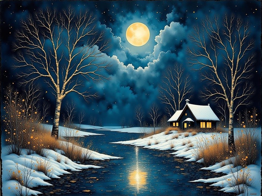 Midnight Winter Cottage Scene under Full Moon